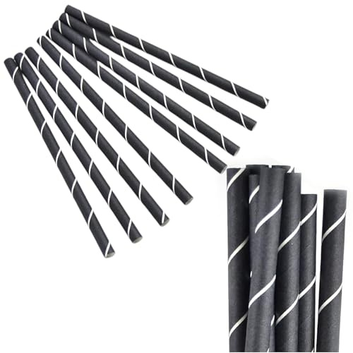 Lot de 250 pailles en papier réutilisables et compostables, pailles droites en papier kraft de couleur noire avec spirale blanche, pour boire des cocktails, smoothies, boissons froides et jus de 15 cm