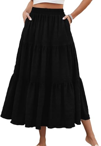 HUSKARY Long Skirts for Women Trendy Summer Elastic High Waisted Boho Maxi Skirt Aline Flowy Flared Skirts,Black,Medium