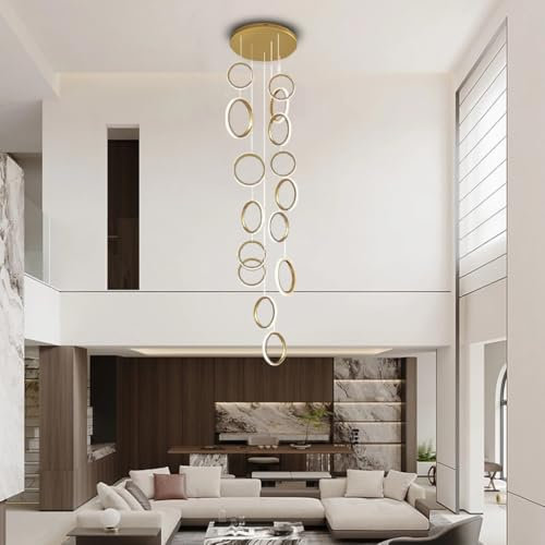 VTAMng Kronleuchter mit 15 langen Ringen modern groß dekorative Hängeleuchte Pendelleuchte für hohe Decken und Wendeltreppen mit Fernbedienung moderne dimmbare LED Hängeleuchte für Foyer Eingang Wohnz