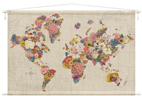 micasia Wandteppich Blumen Floral Stoffbild inkl. Holzstäbe & Seile Wanddeko - Made in Germany - Landkarte Retro Vintage beige Wohnzimmer Schlafzimmer Wandbehang 1770 (145x95cm)