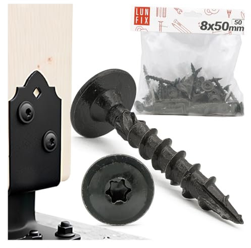 Torx - Lot de 50 vis à bois pour support de poteau - 8 x 50 mm, noires galvanisées, à tête plate, pour connecteurs Lun Fix - Auto-taraudeuses et protégées contre la rouille
