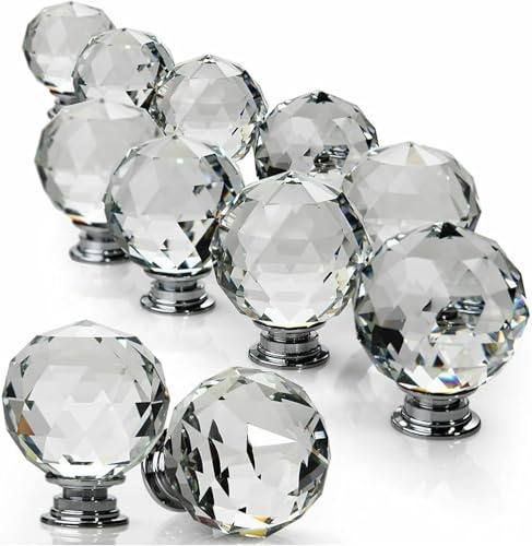 Crystal Door knobs, Luxury Round Diamond Style Glass Door Knobs, Crystal Wardrobe Door Knobs with Screw - Cupboard Drawer Handles (10)