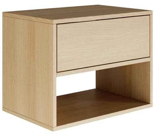 Selsey Nachttisch Hängend Schwebender Lindberg-Eiche Farbe 50B x 36T x 40H cm Nachtschrank mit Schublade in Minimalistischer - Push-to-Open - Skandinavischen Platzsparend Wandmontage Framme