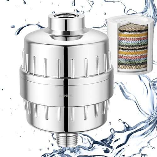 Filtre de Douche Universel, Purificateur d'Eau à 15 Étapes avec Vitamine C, Adoucisseur d'Eau Anti-Chlore et Métaux Lourds, Soin de la Peau et des Cheveux, Compatible avec G1/2'' de Douche