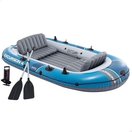 Intex Barca Hinchable, Excursion 4, 315x165x43 cm, Máx. 500 kg, para 4 Personas, Incluye remos y Asientos, Bomba de inflado, Parche reparación, 3 cámaras de Aire, Pesca o recreo