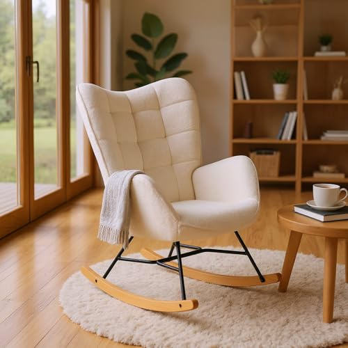 MEUBLE Cosy Relaxsessel, Bequemer Schaukelstuhl, Schaukelsessel für Wohnzimmer aus Bouclé-Stoff mit Holz und Metallfüßen