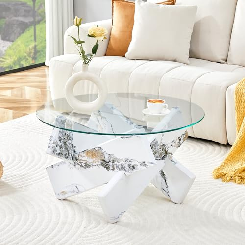 VSOGA Table basse ronde multicolore en MDF + verre - Pieds de support en marbre imitation blanc - 79 cm de diamètre - Surface en verre trempé de 0,8 cm d'épaisseur