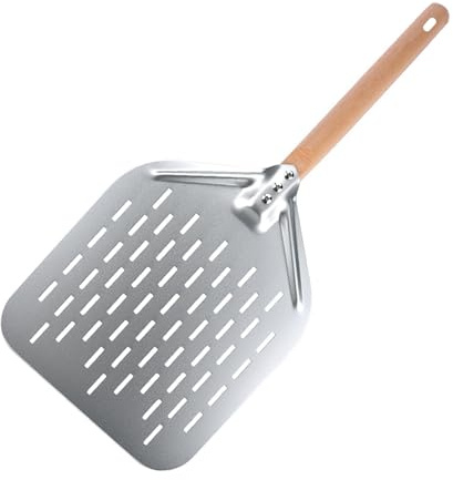 Vexnaro Pala per Pizza, Forata in Alluminio con Manico in Legno Rimovibile, Superficie Grande 40 x 30 cm, Design Compatto e Leggero, Facile Scorrimento su Pietra per Pizza e Pane Fatti in Casa