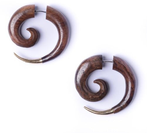 81stgeneration Boucles D'Oreilles en Spirale en Bois avec Embout en Laiton Doré 30mm | Faux Cônes D'Oreilles Tribaux en Bois pour Hommes | Cerceaux à Faux Calibre | Bijoux Surfer Cheater