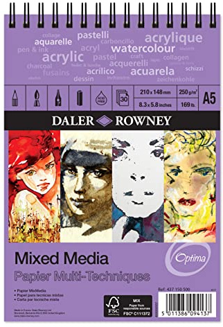 Daler-Rowney Optima 250gsm A5 Mixed Media Paper Pad 30 White Sheets | Lightly Textured, Mixed Media, Spiral Pad, Acid-Free, For Professional Artists & Students