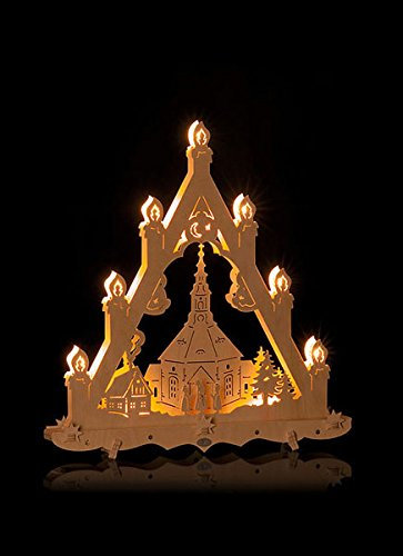 ERM Holzmanufaktur Lichterspitze klein, Kirche Seiffen Erzgebirge traditionelles Motiv Lichterecke Leuchter mit 10 Kerzen (innen 3-fach beleuchtet), Grösse: B:47 x H:49 x T:6 cm