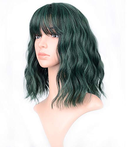 VCKOVCKO Wellenförmige Perücke kurze Bob Perücken mit Air Pony schulterlange lockige gewellte synthetische Cosplay Perücke Pastell Bob Perücke (12,Grün Mischen)