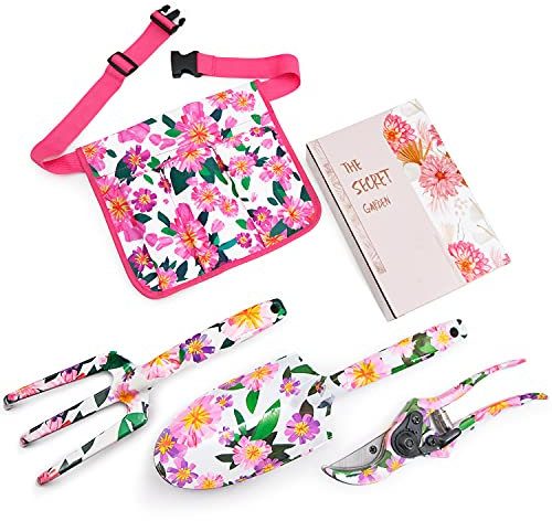 Hortem Gartenwerkzeug-Set mit Blumen-Design, Aluminium, strapazierfähig, mit ergonomischen Design-Griffen, Damen und Herren, 3-teilig