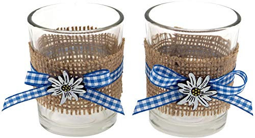 Tischdeko Oktoberfest Bayern 2 Teelichthalter Teelichtgläser Blau Weiß Enzian Party Deko