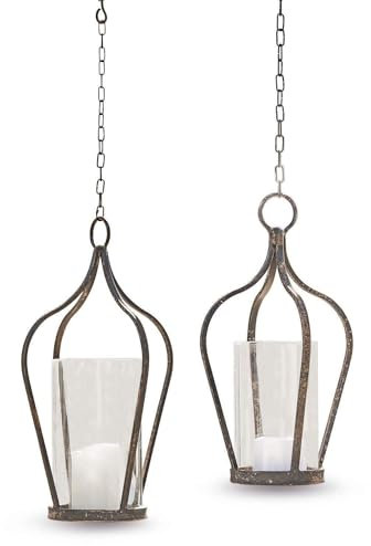 Loberon Hängelaterne 2er Set Mikella, Zwei Größen, Nostalgie-Charme, mit Kette & Aufhängehaken, Antik-Finish, Wohn-Accessoire, Eisen, Glas, antikbraun
