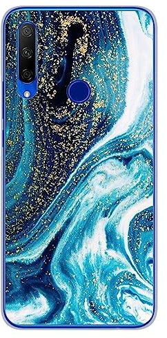 1001coques Coque Compatible avec Huawei Honor 9X - Housse Fine en Silicone Transparente - Design marbre Bleu Paillete
