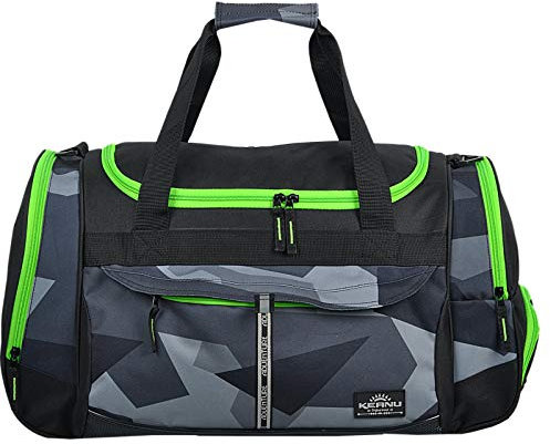 Sporttasche Keanu Adventure Damen Herren * Viele Fächer Schuhfach, Seitentaschen * 45 Liter Fitness Tasche Sport Sauna Reisetasche (Geometric Camo Green Zippers)