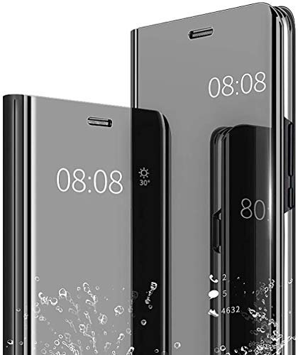 NEINEI Hülle für Samsung Galaxy Note 10 Lite,Luxus Spiegel Flip Handyhülle,Stoßfest Ledertasche Transparent Schutzhülle mit Standfunktion,Smart Clear View Mirror Case Cover,Schwarz