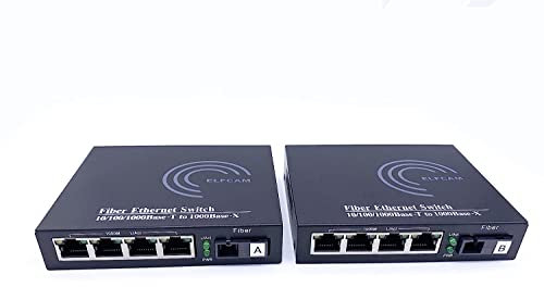 Elfcam® - Lot de 2 Convertisseur Fibre Ethernet, Convertisseur de Média SFP Inclus, Jusqu'à Une Distance de 20KM sur Fibre Optique SC Monomode (4 Ports RJ45 *4 Ports RJ45)