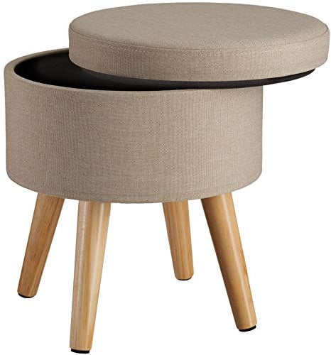 tectake 800835 Sitzhocker mit Stauraum in Leinenoptik, gepolsterte Sitzfläche, Deckel abnehmbar, praktisches Staufach, Holzbeine, runder Hocker (Sand)