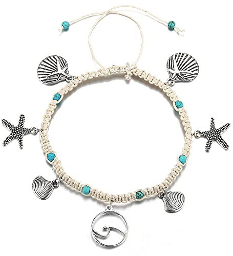 Yienate Bracelet de cheville bohème en corde avec pendentif étoile de mer et coquillage turquoise - Fait à la main - Pour femme et fille
