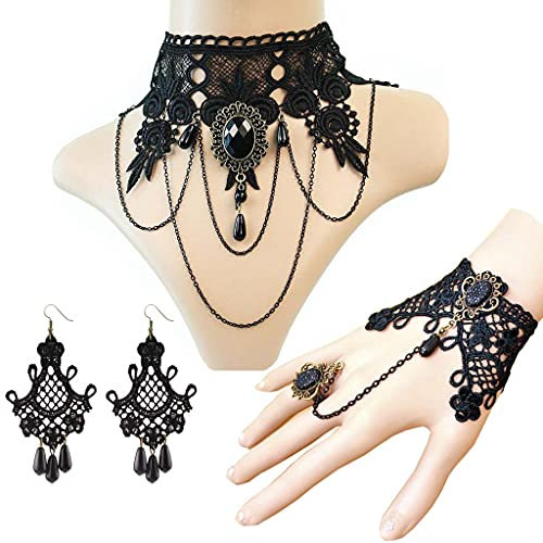 Daimay 4PCS Gotisch Choker Halskette Armbänder Schmuck Halsband Ketten Victorian Steampunk Retro Zahnräder Spitze Vampir Armband für Halloween Ostern Lolita Spitze Geschenk- GS059+ GY120+E122