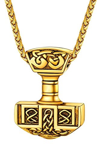 U7 Gold Necklace Thor Hammer Pendant Mens Necklaces Viking Jewellery