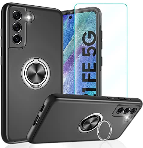 Unzerstörbar für Samsung Galaxy S21 FE Hülle, [Eingebetteter Ständer] [Echtes Militär Stoßfest] PC+TPU Schutzhülle Handyhülle Samsung S21 FE 5G Kratzfeste Hülle für Samsung S21 FE, Schwarz