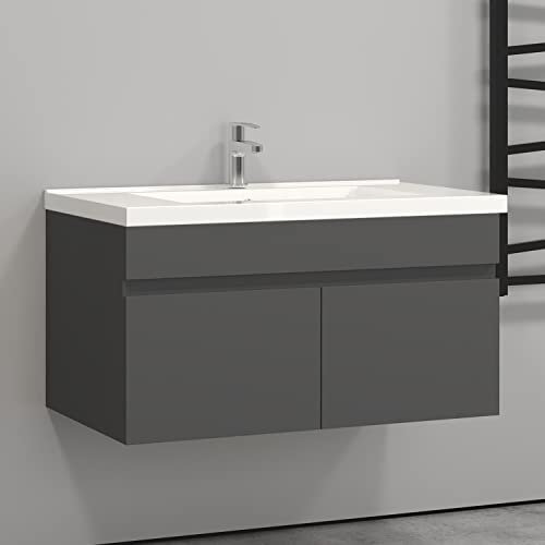 HAPAOSO Waschtisch mit Unterschrank 80 cm Breit Grau Badmöbel Set Hängend 2 Soft-Close Türe MDF-Platte