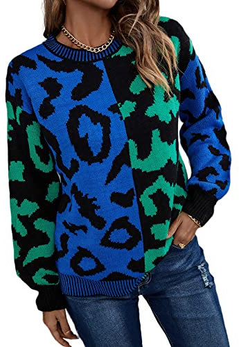 HEYPORK Damen Herbst Winter Warm Bequem Pullover Casual Mode Strickjacke Strickpullover Frauen Herbst/Winter Pullover Leopardenmuster Patchwork Gemischter Strickpullover Pullover(Grün, L)