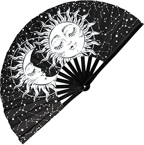 GloFX Rave Fan - Sun & Moon - Large Folding Fan - Music Festival Essential, EDM Rave Accessories, Folding Hand Fan, Clack Fan