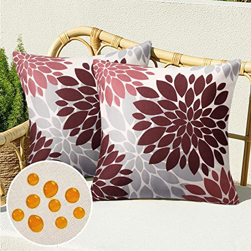 Kissenbezug 40x40 Frühling Moderne Outdoor Kissen Sofakissen Kissenhülle Kissenbezüge Wasserdicht Leinen Sommer Rot Dahlie Blume für Wohnzimmer Schlafzimmer Sofa Garten Terrasse Deko, 2er Set