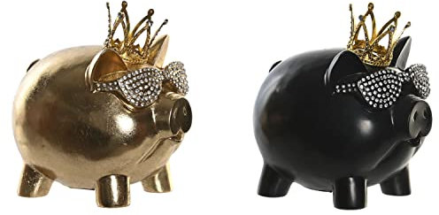 Figura Decorativa DKD Home Decor 13,5 x 11 x 14 cm Negro Dorado Cerdo (2 Unidades)