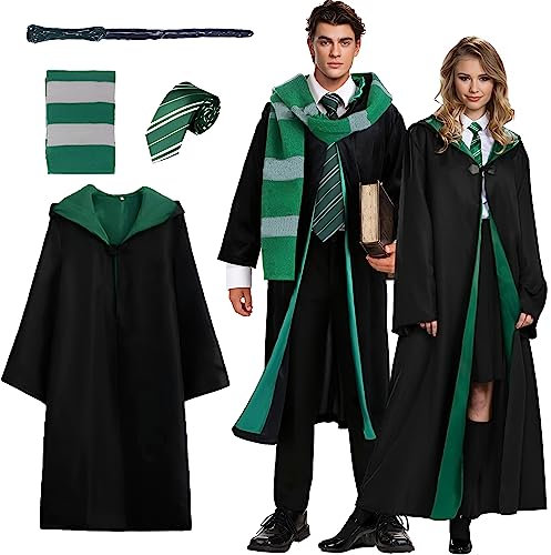 Kitimi Magic Robe, Umhang,4PCS Zauberer Cosplay Kostüm für Erwachsene,with Cape,Magic Wand,Glasses,Scarf,Tie,Halloween Wizard Costume for Cosplay,Carnival,Fancy Dress