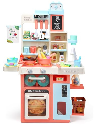 HOLYFUN Kids Kitchen Playset, Kitchen Set for Toddler with Sound and Light, Cooking Stove with Steam, Play Sink and Toy Kitchen Accessories, Pretend Kitchen Toys for Kids Girls Boys, Pink