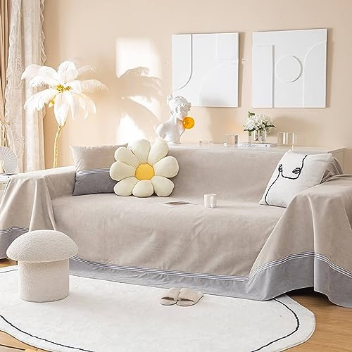 Homxi Sofahusse 4 Sitzer,200x420CM,Sofabezug Universal Einfarbig mit Streifen Sofabezug Polyester Sofa Handtuch Khaki Sofabezug
