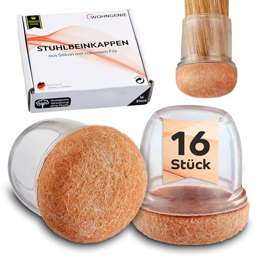 WOHNGENIE® Stuhlbeinkappen in Größen [S/M/L] und Sets [16er/32er] - langlebige Stuhlbeinschoner aus transparentem Silikon und robustem Filz - Schutzkappen für Beine rund, eckig, schräg (16, 14-19mm)