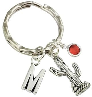 Personalised Cactus Keyring with initial charm and birthstone crystal, Botanical jewellery nature lover gift garden gardener cacti plant western flower girl