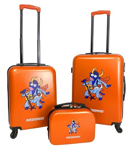 Kukuxumusu Reisekoffer, Hartschale, 4 Räder, 360 Grad, 56,5 x 42 x 21 cm, ABS und Polycarbonat, mit integriertem Schloss, orange, Set mit mittelgroßem Koffer, Kabinenkoffer und Kosmetiktasche in