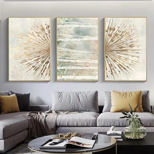 FSLEOVN 3 Stück Leinwand Bilder Gold Jahresringe Wandbilder Wohnzimmer Home Deko Poster Gold Linien Geometrische Bilder Abstrakte Kunstdruck Wanddekoration Ohne Rahmen (Gold,30x40cm x3)
