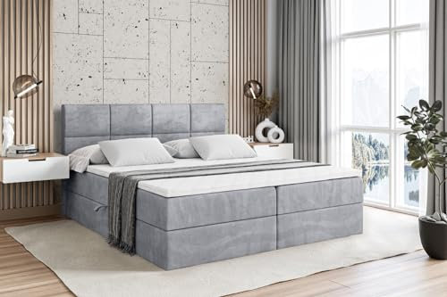ALTDECOR Boxspringbett mit Matratze und Lattenrost, Boxbett, Topper, Polsterbett mit Bettkasten, Bett mit Stauraum H3-Matratze, Doppelbett, Springboxbett - ARDENI - 200x200 - Grau Monolith 84