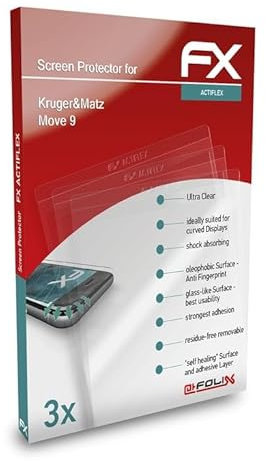 atFoliX Schutzfolie kompatibel mit Kruger&Matz Move 9 Folie, ultraklare und flexible FX Displayschutzfolie (3X)