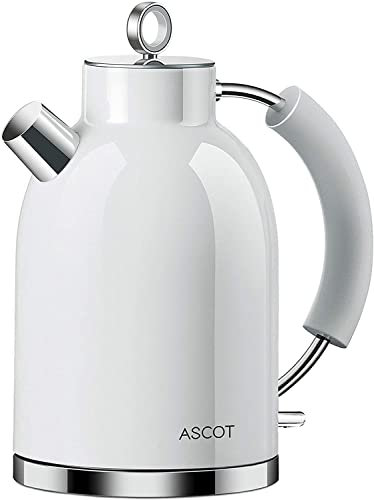 Wasserkocher Edelstahl, ASCOT Elektrischer Wasserkessel, 2200W, 1,5 liter, Retro Design Teekocher, Trockengehschutz, automatische Abschaltung (Weiß)