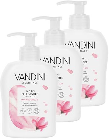 VANDINI 3x Hydro Flüssigseife Spender mit Magnolienblüte Duft 300ml - Made in Germany Spender Seife vegan - Handseife flüssig reinigt sanft - Handwaschseife für gepflegte Hände - Hand soap