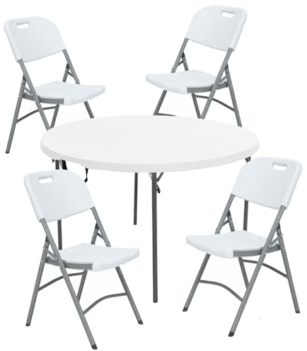 WELL HOME MOBILIARIO & DECORACIÓN Runder Tisch (Durchmesser 120 cm x 74 cm) und 4 Klappstühle 51 x 45 x 85,5 cm, ideal für den Außenbereich