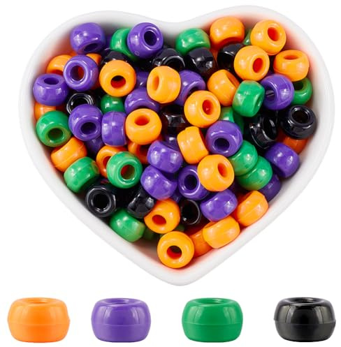 SOFPLATE 800Pcs 4 Colors Halloween Bulk Pony Beads Purple Pony Beads Bulk Plastic Green Orange Black Holiday Lucky Bead Set for jewellery Making Bracelet Wedding Gifts Friendship Hair Party Crafts