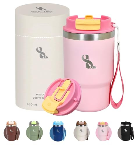 SimplyLivin Insulated Coffee Cup Travel Mug 480ml 16oz | Tumbler Flask with Straw & Spout Lid | Leakproof | 8H Hot 12H Cold | Reusable Coffee Cup | Stainless Steel Tumbler | Gift | Light Pink