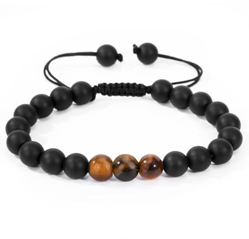 Heveer Bracciali in Pietra Naturale Perline in Pietra Naturale con Corda Intrecciata Regolabile Bracciale di Perline per Donna Uomo (Nero)