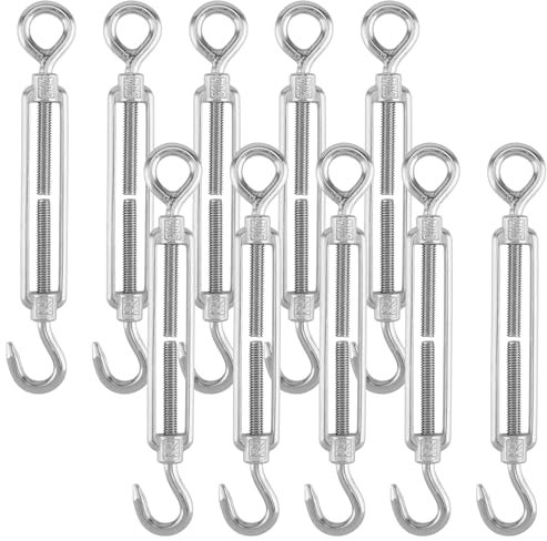 CHEUKYIU Lot de 10 Tendeurs de Câble M6 Réglables en Inox, avec Crochets et Œillets, Tendeurs de Toile d'Ombrage en Acier Inoxydable, pour Fils de Jardin, Clôtures