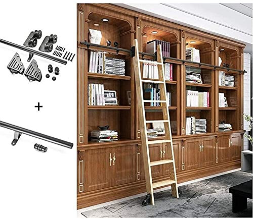 3.3Ft-20Ft Sliding Library Ladder Hardware Kit Telesupper Roller, Round Tube Mobile Track Home Office Rolling Rail Full Set Kit, Floor Wheels with Brakes (No Ladder)/20Ft/600Cm Tra